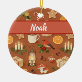 Personalized Cozy Christmas Name Ornament, Rustic Keramisch Ornament