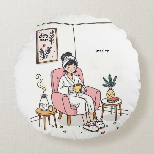 Personalized Cozy Daughter Gift Cute Self Care Rond Kussen (Voorkant)