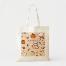 Personalized Cozy Fall Autumn Pumpkin & Teddy Bear Tote Bag