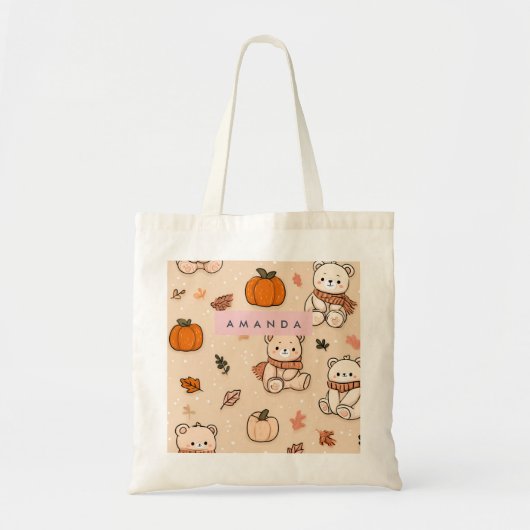 Personalized Cozy Fall Autumn Pumpkin & Teddy Bear Tote Bag (Voorkant)