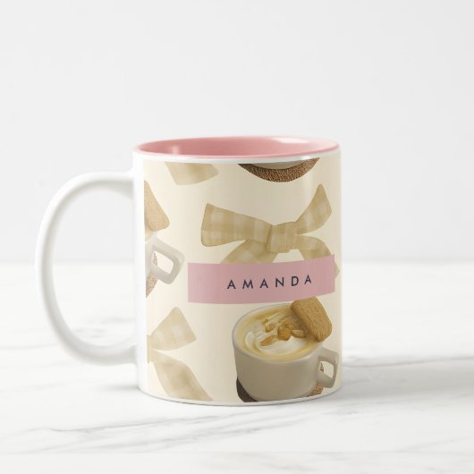 Personalized Cozy Latte & Gingham Bow Pattern Tweekleurige Koffiemok (Links)