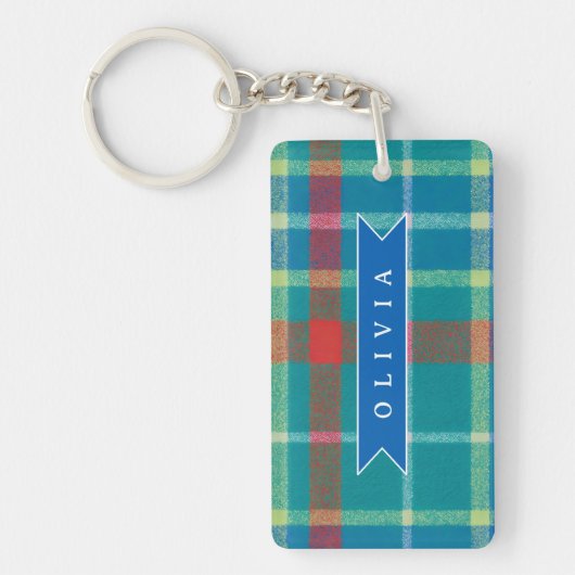 Personalized Custom Blue Plaid Preppy Style Sleutelhanger (Voorkant)