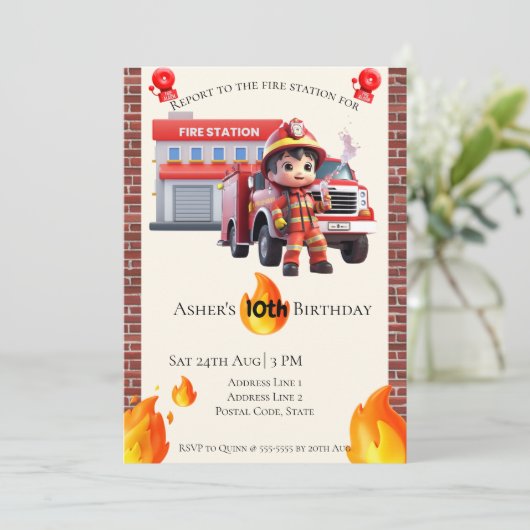 Personalized Cute 3D Fire Fighter Boy Birthday Kaart (Staand voorkant)