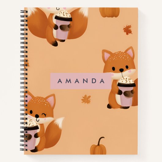Personalized Cute Autumn Fox with Coffee Pattern  Notitieboek (Voorkant)