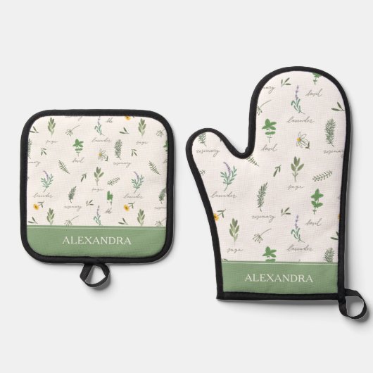 Personalized Cute Botanical Ovenwant & Pannenlap Set (Voorkant)