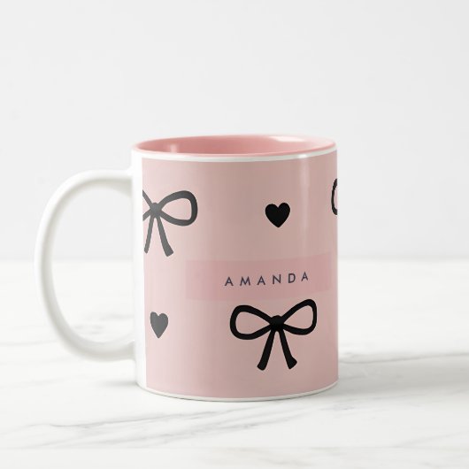 Personalized Cute Chic Pink Bow & Heart Pattern Tweekleurige Koffiemok (Links)