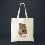 Personalized Cute Christmas Cat Tote Bag<br><div class="desc">Personalized cute Christmas cat tote bag featuring an adorable kawaii kitty wearing a festive winter hat and holding a holiday gift and iced coffee. This charming holiday tote bag is perfect for cat lovers and anyone who enjoys cozy winter designs. Add your own custom name to make this tote bag...</div>