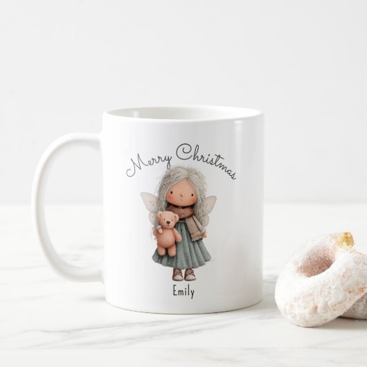 Personalized Cute Christmas Fairy Girl and Teddy Koffiemok (Met donut)