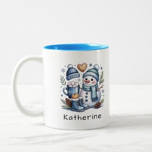 Personalized Cute Christmas Snowman Tweekleurige Koffiemok (Links)