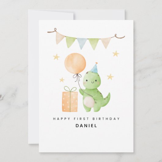 Personalized Cute Dinosaur Watercolor 1st Birthday Kaart (Voorkant)