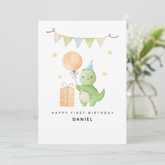 Personalized Cute Dinosaur Watercolor 1st Birthday Kaart (Staand voorkant)