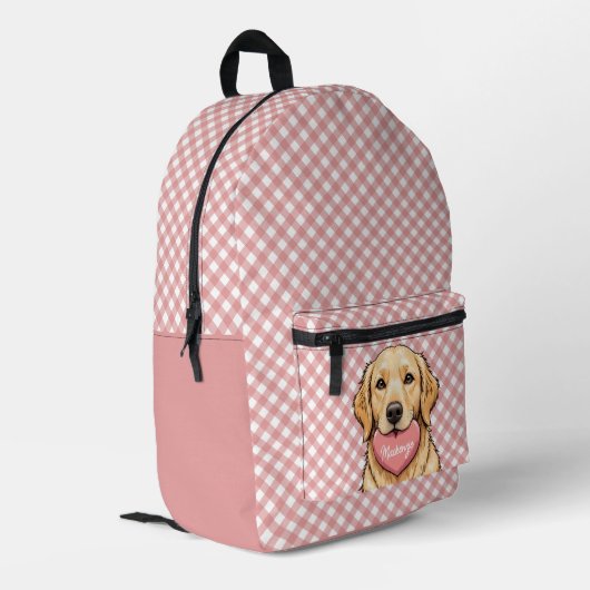 Personalized Cute Dog with Heart Plaid Pattern Bedrukte Rugzak (Achterkant Hoek Links)