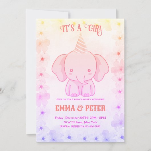 Personalized Cute Elephant Pink Baby Shower Kaart (Voorkant)
