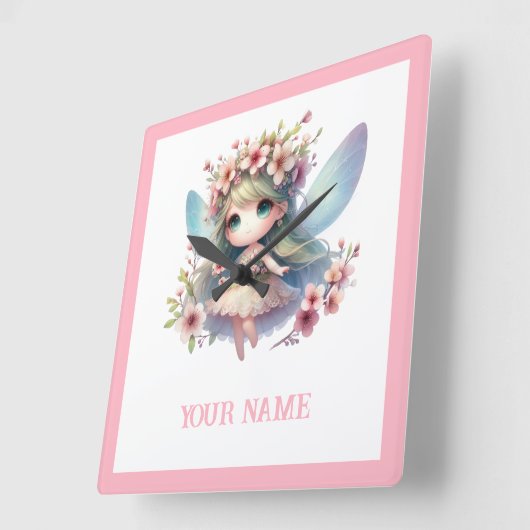 Personalized cute Fairy & Floral Wreath Vierkante Klok (Hoek)