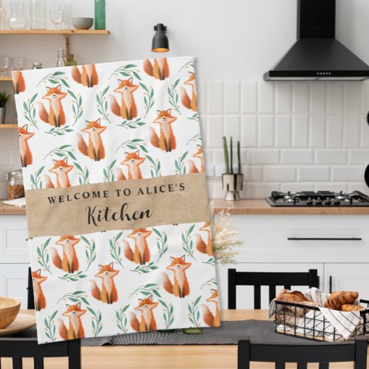 Personalized Cute Fox woodland kitchen  Theedoek