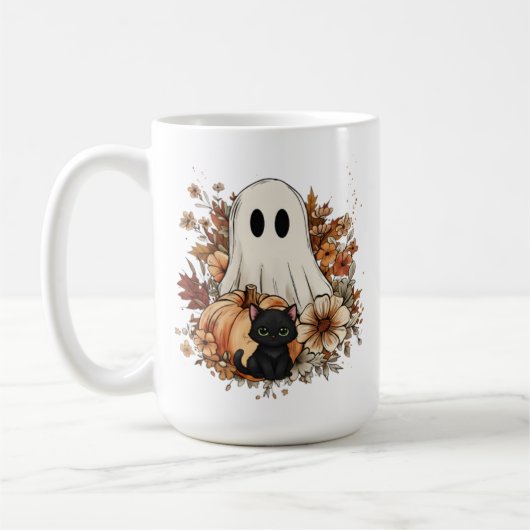 Personalized Cute Ghost and Black Cat Autumn Mug Koffiemok (Links)