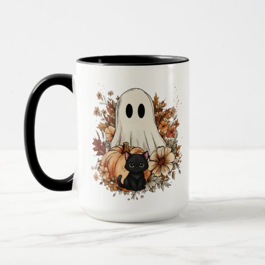Personalized Cute Ghost and Black Cat Autumn Mug Mok (Links)