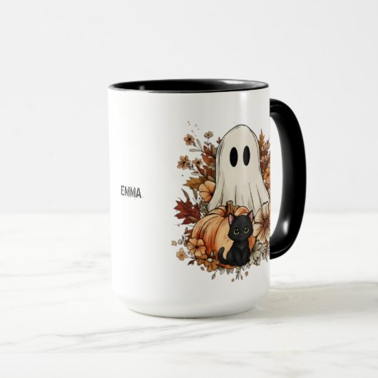 Personalized Cute Ghost and Black Cat Autumn Mug Mok (Voorkant rechts)