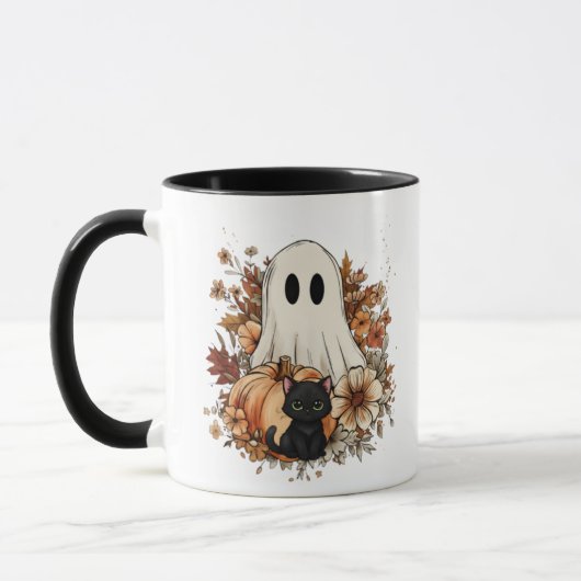 Personalized Cute Ghost and Black Cat Autumn Mug Mok (Links)