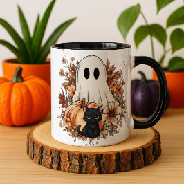 Personalized Cute Ghost and Black Cat Autumn Mug Mok