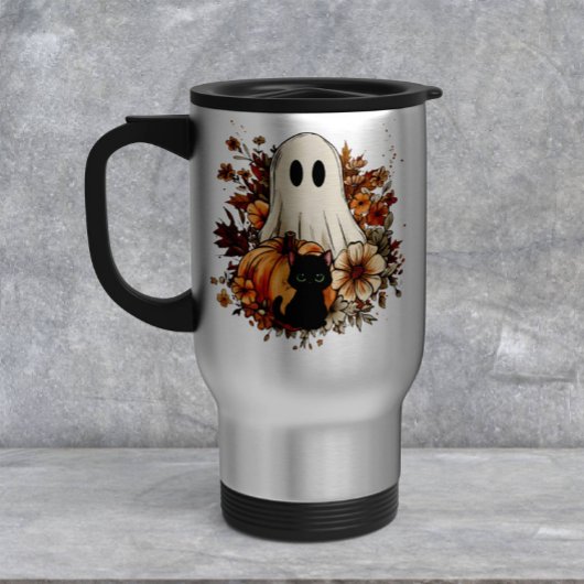Personalized Cute Ghost and Black Cat Autumn Mug Reisbeker