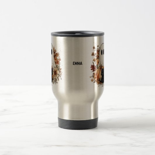 Personalized Cute Ghost and Black Cat Autumn Mug Reisbeker (Center)