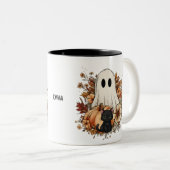 Personalized Cute Ghost and Black Cat Autumn Mug Tweekleurige Koffiemok (Voorkant rechts)