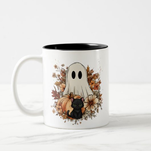 Personalized Cute Ghost and Black Cat Autumn Mug Tweekleurige Koffiemok (Links)
