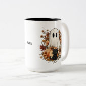 Personalized Cute Ghost and Black Cat Autumn Mug Tweekleurige Koffiemok (Voorkant rechts)
