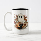 Personalized Cute Ghost and Black Cat Autumn Mug Tweekleurige Koffiemok (Links)
