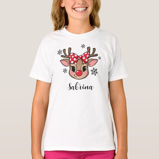 Personalized Cute Girl Reindeer Red Bow Christmas T-shirt (Voorkant)