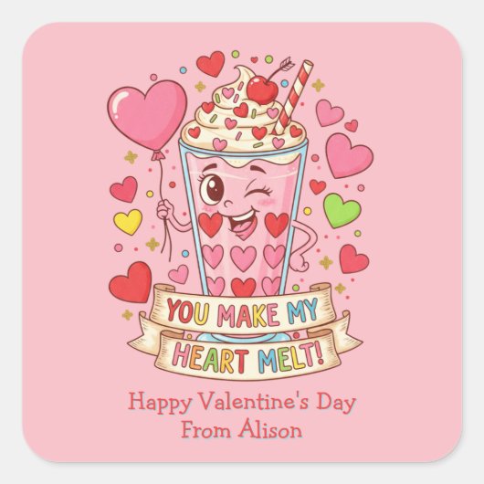 Personalized Cute Milkshake Valentine Vierkante Sticker (Voorkant)
