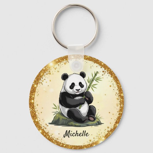 Personalized Cute Panda Bear Greenery Bamboo Gold Sleutelhanger (Voorkant)