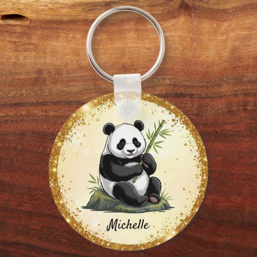 Personalized Cute Panda Bear Greenery Bamboo Gold Sleutelhanger (Achterkant)