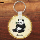 Personalized Cute Panda Bear Greenery Bamboo Gold Sleutelhanger (Voorkant)