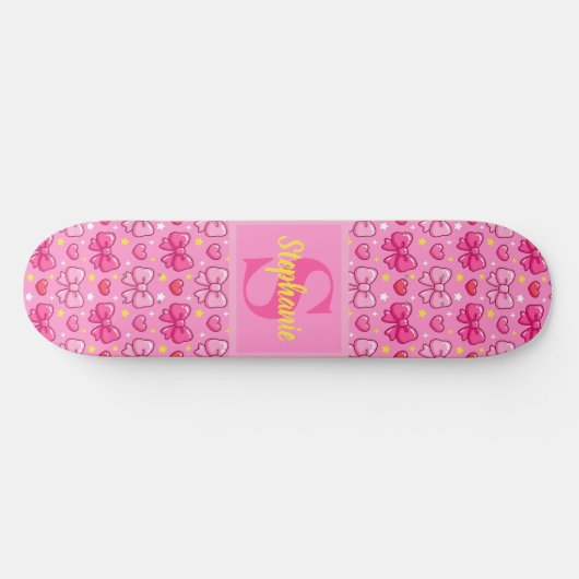 Personalized Cute Pink Bows and Hearts Monogram Persoonlijk Skateboard (Horizontaal)