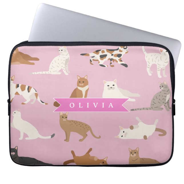 Personalized Cute Pink Cat Pattern Gift Cat Lover Laptop Sleeve (Voorkant)