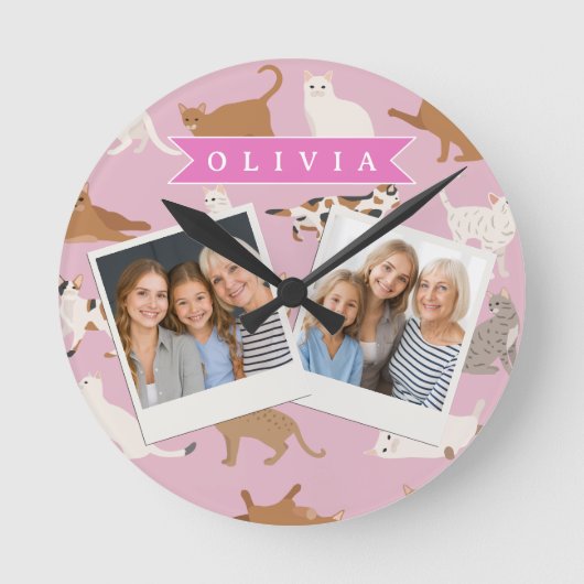 Personalized Cute Pink Cat Pattern Gift Cat Lover Ronde Klok (Voorkant)