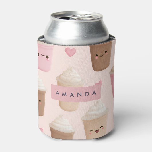 Personalized Cute Pink Kawaii Coffee Cup Blikjeskoeler (Blikje Voorkant)
