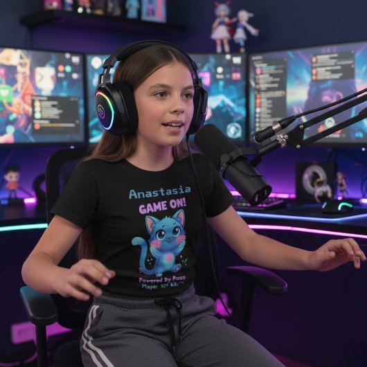 Personalized Cute Pixel Art Blue Cat "Game On" T-shirt