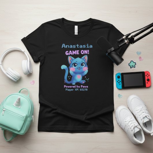Personalized Cute Pixel Art Blue Cat "Game On" T-shirt