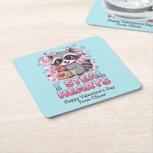 Personalized Cute Raccoon Classroom Valentine Kartonnen Onderzetters (Schuin)