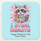 Personalized Cute Raccoon Classroom Valentine Kartonnen Onderzetters (Voorkant)