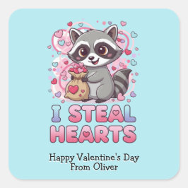 Personalized Cute Raccoon Classroom Valentine Vierkante Sticker