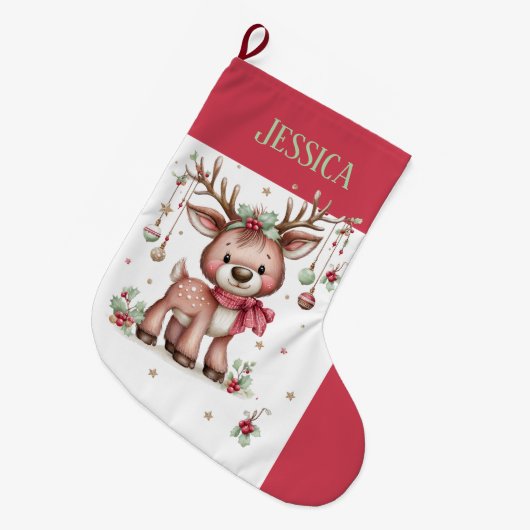 Personalized  Cute Reindeer  Grote Kerstsok (Voorkant (Hangend))