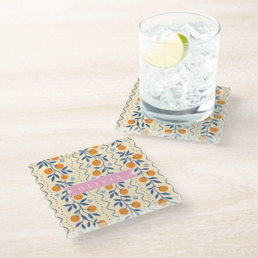 Personalized cute retro citrus folk pattern glazen onderzetter (Schuin)