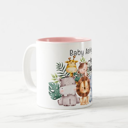 Personalized Cute Safari Animals Kids Name  Tweekleurige Koffiemok (Voorkant links)