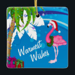 Personalized Cute Santa Flamingo Beach Christmas Keramisch Ornament<br><div class="desc">This Warmest Wishes foliday Christmas tree ornament features palm trees decorated with Christmas lights and a flamingo wearing a Santa hat set against a cool blue and white abstract beach background. It can be personalized with a name, year or any text that you wish to add. Some graphics by artwork&@delightful-doodles.com...</div>