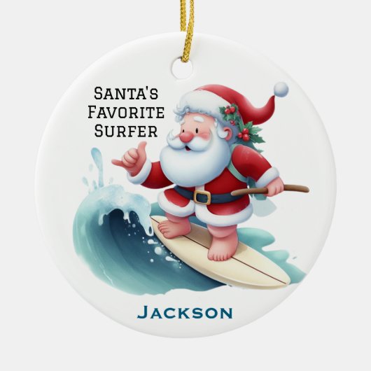 Personalized Cute Santa's Favorite Surfer Keramisch Ornament (Voorkant)