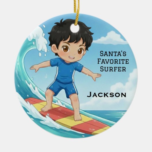 Personalized Cute Santa's Favorite Surfer Keramisch Ornament (Voorkant)